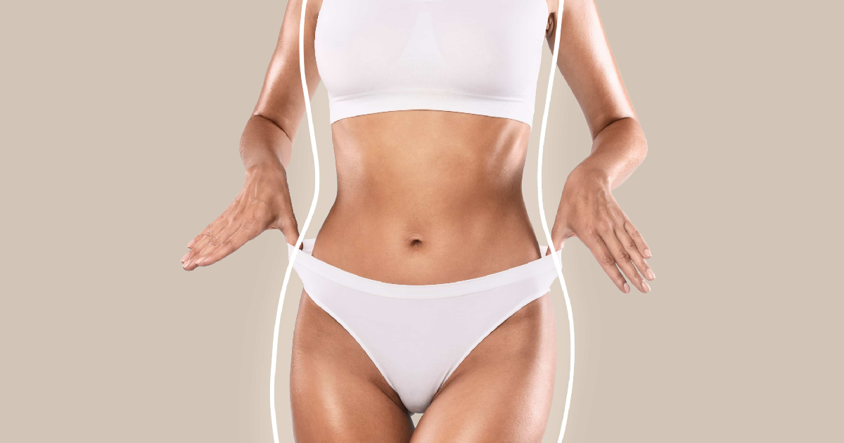 Waist-up shot of a slim woman adjusting her waistband, highlighting Emsculpt Body Contouring in Bonita Springs, FL.